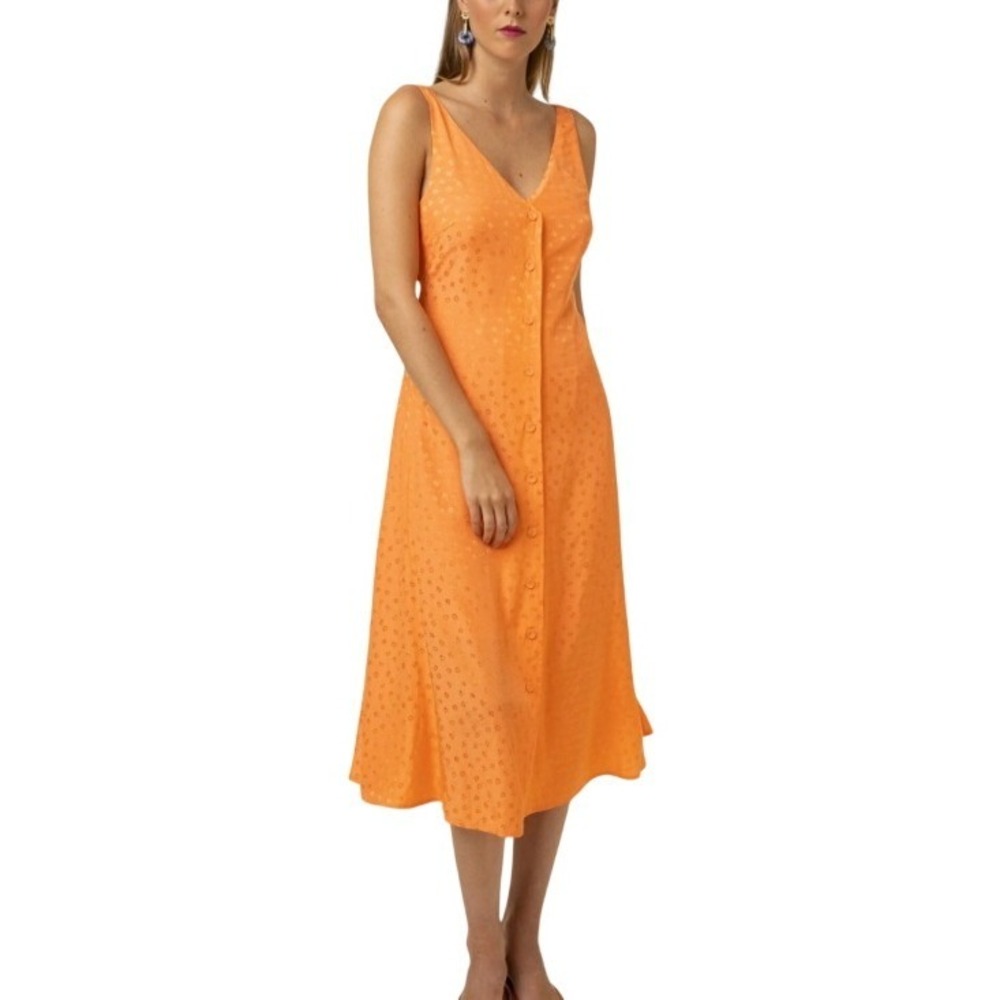 FRNCH Paris "Cecile" Floral‎ Jacquard Belted Button-Front Orange Midi Dress Sz S